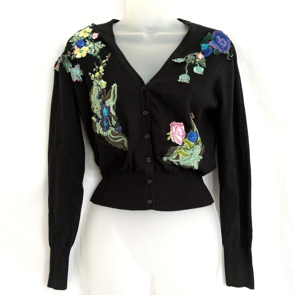 CAMI Custom Upcycled Floral Lace Appliqué Cropped Cardigan Sweater Art to Wear L